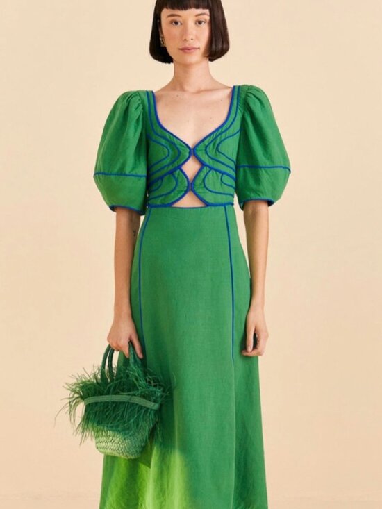 FARM Rio Dresses & Skirts - Farm Rio Piped Cutout Linen-Blend Midi Dress In Green Size L